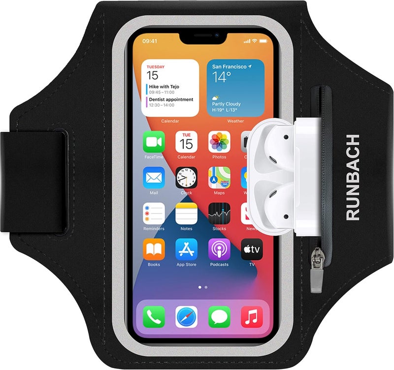 RUNBACH Armband for iPhone 17/17 Pro/16/16 Pro/15/15 Pro/14/14 Pro/13/13 Pro/13 Mini/12/12 Pro/12 Mini/11/11 Pro/XR/XS/X/SE,Water Resistant Armband with Zipper Slot for Airpods and Car Key (Black) - Image 1